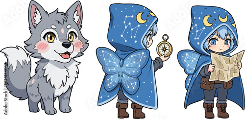 Cute Fantasy Wolf and Magical Wizard Boy Character Set with Starry Cloak, Butterfly Wings, Compass and Map Cartoon Vector Illustration