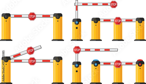 Automatic parking barrier gate set with stop sign for security entrance control restricted area access and traffic management