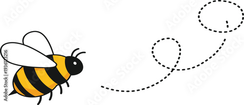 Cute Cartoon Bee with Dotted Flight Path Line Illustration Isolated for Kids Design, Spring Decoration, Honey Branding and Nature Projects