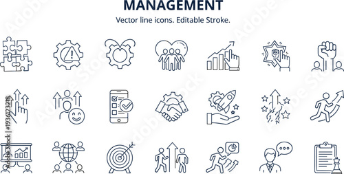 Business management vector line icons set with editable stroke featuring  strategy growth rocket startup handshake target leadership career progress and professional corporate development symbols.