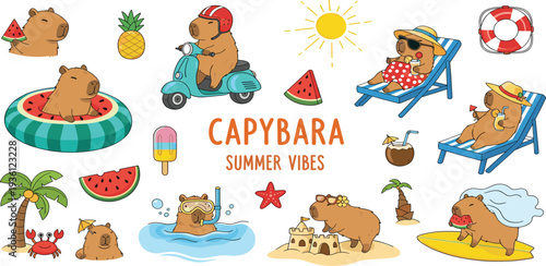 Cute Capybara Summer Vacation Clipart Set with Beach Activities, Watermelon, Float, Snorkeling, Surfing, Scooter Ride, Tropical Holiday Vector Illustrations