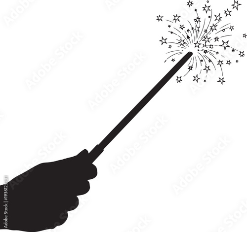 Silhouette hand holding magic wand with sparkling stars and light effects originating from tip, conveying fantasy and enchantment