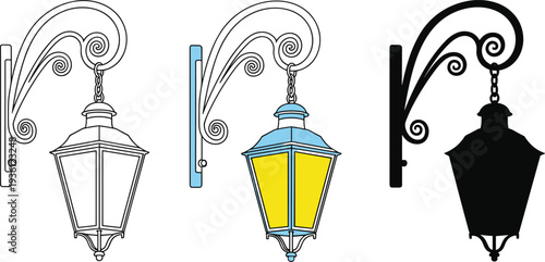 Classic vintage street wall lantern vector set featuring ornate iron brackets in flat color outline and black silhouette styles for decor.