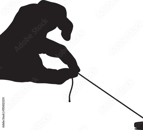 Close up silhouette hand fingers holding thin string with drop of liquid falling, concept of delicate control or manipulation