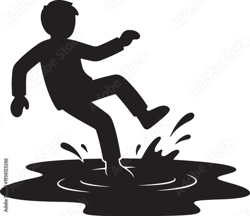 Silhouette of person slipping and falling into puddle of dark liquid, illustrating accident or mishap