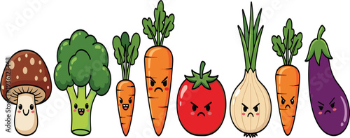 Cute Cartoon Vegetable Characters Set with Mushroom, Broccoli, Carrot, Tomato, Onion and Eggplant for Kids Healthy Food Design and Nutrition Education