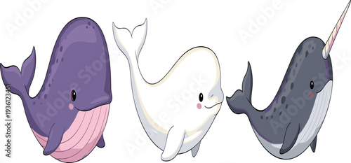 Cute Cartoon Whale and Narwhal Character Set with Smiling Marine Animals for Kids Nursery Designs, Ocean Themed Illustrations, and Adorable Sea Life Graphics