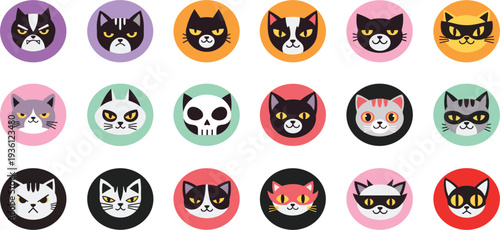 Cute Cat Face Icon Set with Different Emotions and Expressions in Round Frames for Avatar Sticker App and Pet Character Design