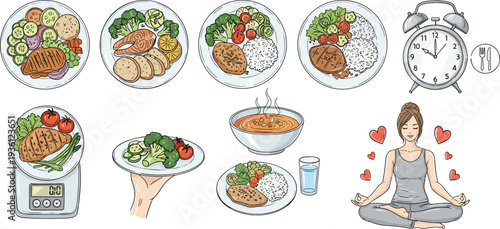 Healthy lifestyle vector illustration set featuring meal prep planning calorie counting food scales yoga meditation intermittent fasting alarm clock and nutritious balanced protein plates.