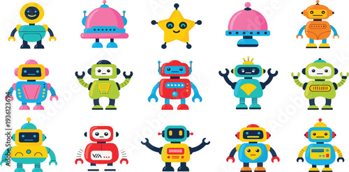 Cute Colorful Robot Cartoon Character Set with Friendly Retro Androids and Sci Fi Mascots for Kids Technology Illustration and Game Design