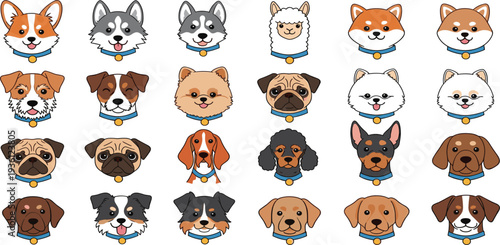 Cute Dog Breed Face Icon Set with Various Puppy Characters for Pet App Avatar Sticker Veterinary Branding and Animal Vector Illustration