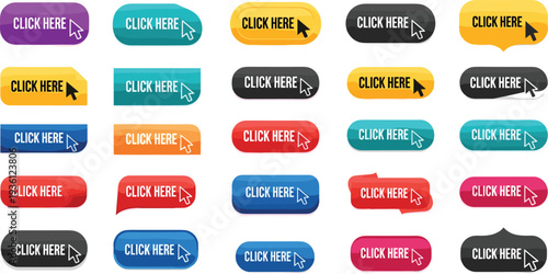 Large collection of colorful web buttons with click here text and cursor arrow pointers for website interface design and digital marketing call to action