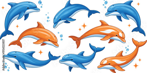Cute Dolphin Cartoon Collection with Blue and Orange Sea Animals for Kids Illustration, Ocean Nursery Art, Marine Stickers, and Adorable Aquatic Vector Set