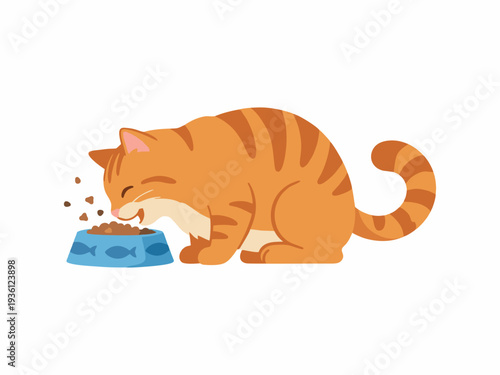 Cute Ginger Tabby Cat Eating Food from Blue Bowl Vector Illustration
