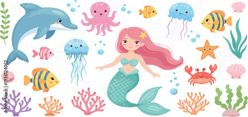 Cute Mermaid and Underwater Sea Animals Vector Set with Dolphin, Fish, Jellyfish, Coral, and Starfish for Kids Illustration and Nursery Design