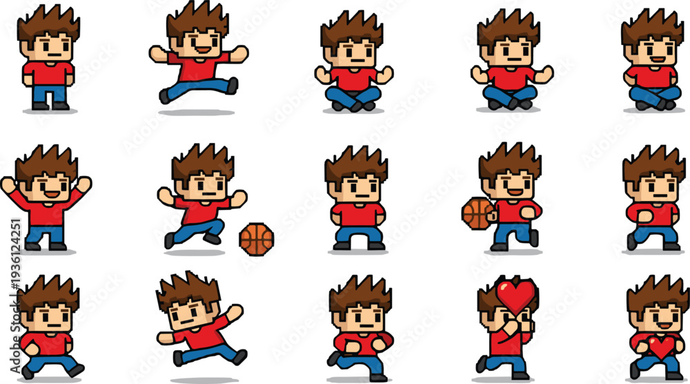 Naklejka premium Pixel art character sprite sheet featuring a small boy in a red shirt performing various actions like jumping running sitting and playing basketball for game development.