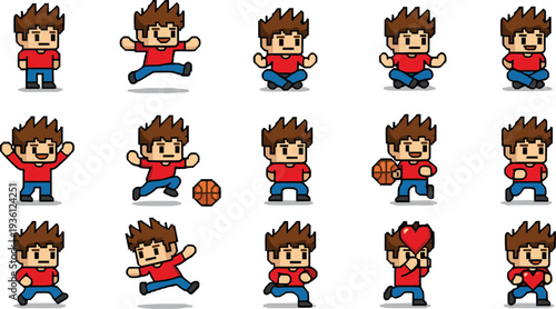 Pixel art character sprite sheet featuring a small boy in a red shirt performing various actions like jumping running sitting and playing basketball for game development.