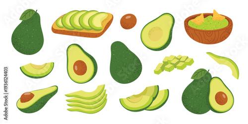 Avocado set with whole fruit, half with seed, slices, wedges and cubes. Collection of fresh green avocado  for healthy food, vegan recipes. Flat vector illustration isolated on white background.
