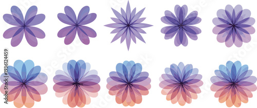 Set of abstract geometric floral icons with overlapping translucent petals in purple blue and orange gradients for modern branding and pattern design
