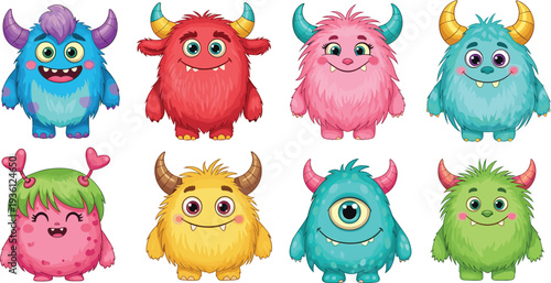 Set of cute colorful fluffy monster characters with horns and big eyes in cartoon style for children book illustrations.