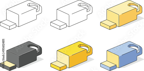 Set of modern USB flash drive icons in isometric view featuring various colors including yellow blue black and white.