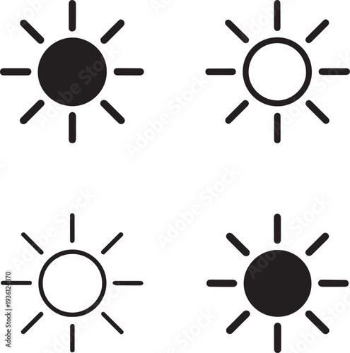 Isolated Bright Sun Rays Icon Design, Bright Sun Rays symbol, Bright Sun Rays illustration, summer sunshine vector solid black line on white background