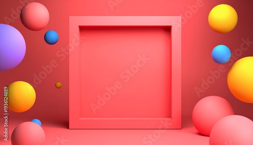 Abstract 3D rendering of a square frame with colorful spheres for product display