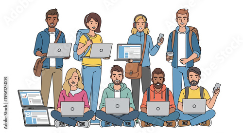 Diverse group of people using laptops together.