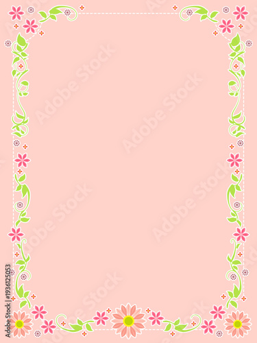 桃色のかわいい花と植物の、フレーム素材