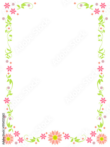 桃色のかわいい花と植物の、フレーム素材