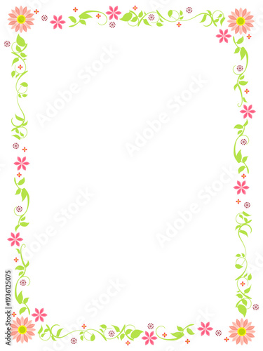 桃色のかわいい花と植物の、フレーム素材