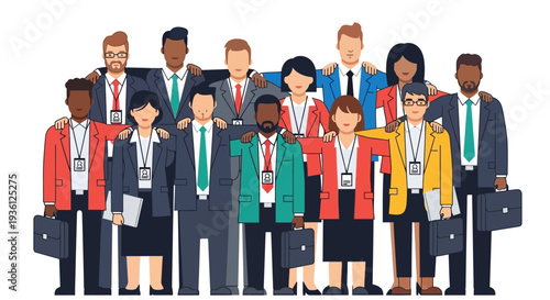 Diverse business team standing together with lanyards and briefcases.