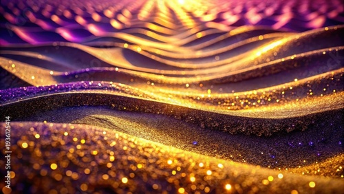 A photo of shimmering purple sand waves with golden sparkles in an abstract landscape Glittering dunes with iridescent hues, vast expanse of shifting