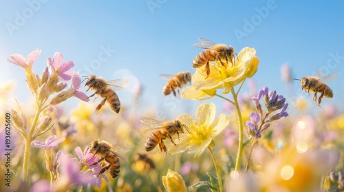 Bees collecting pollen from wildflowers in a vibrant meadow on a sunny day