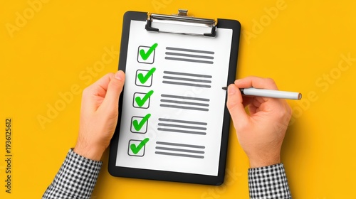 Hands Holding Clipboard with Checklist and Green Check Marks