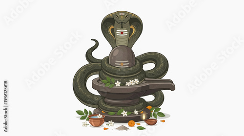 Vector illustration of Maha Shivaratri celebration with snake, flowers, Shiva, lamp, and offerings in a serene environment
