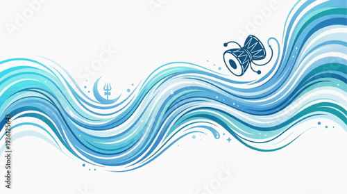 Vector illustration of maha shivaratri celebration with flowing waves, Shiva, lingam, flowers, and decorative elements in a serene atmosphere