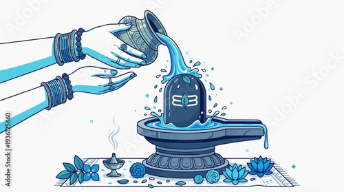 Vector illustration of Maha Shivaratri ritual with hands pouring water on a Shiva Linga, a sacred Hindu ceremony depiction
