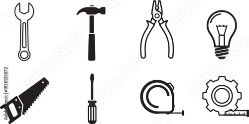 A set of vector line art silhouettes of various tools and equipment for DIY projects and repairs