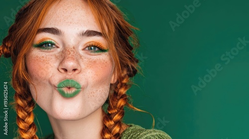 A young smiling woman with orange braids and bright green makeup poses against a green background. St. Patrick's Day celebration concept, themed makeup