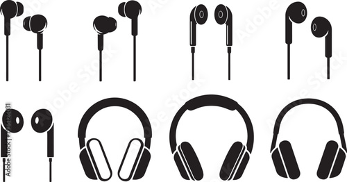 A set of vector line art silhouettes of various headphones and earbuds in black