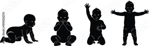 Baby silhouette set showing crawling sitting kneeling and standing infant poses isolated on white background child development vector illustration