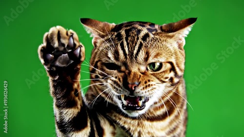 Green Screen 4k bengal cat on isolated with chroma key real shot close up portrait of angry hissing and raising his paw scene 4 distortion, overlay, glitch, static noise, scan lines black background