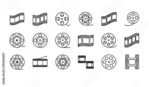 Minimal Film Reel and Film Strip Outline Icons Vector