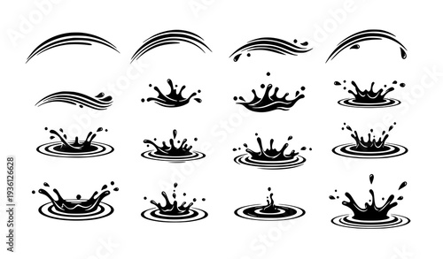 Abstract black liquid splash vector collection showing fluid motion stages