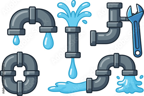 Cartoon illustration of six leaking water pipes with dripping and spraying flows, plumbing repair concept, maintenance issues, broken pipe design, household utility problem artwork
