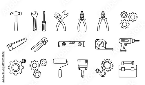 A set of black and white line art icons depicting various tools and equipment