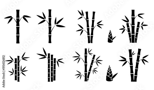 A set of minimalist bamboo illustrations in black silhouette on white background