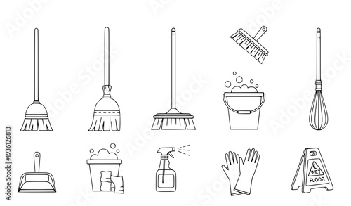 A set of cleaning tools and supplies in a minimalist line art style