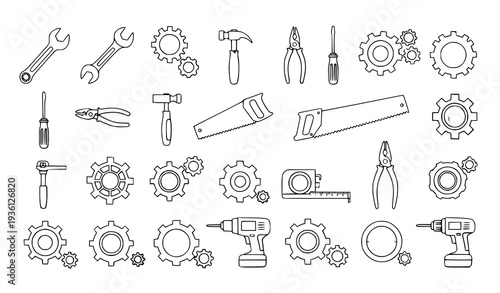 A collection of various tools and gears in a simple line art style
